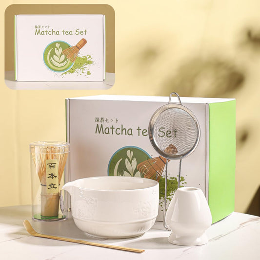 Matcha Tea Set, 5-Piece Ceramic Matcha Bowl & Whisk Kit with Cute Cat Pattern, Traditional Japanese Chawan, Scoop & Sifter, Perfect for Tea Ceremony, Gift for & Tea Lovers (white)