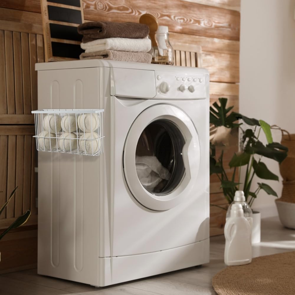 Picowe Large Dryer Ball Organizer Magnetic Storage Bin, Magnetic Basket Dryer Ball Holder for Laundry Room Organization and Storage to Hold 6 Dryer Balls, Without Balls (White, L )