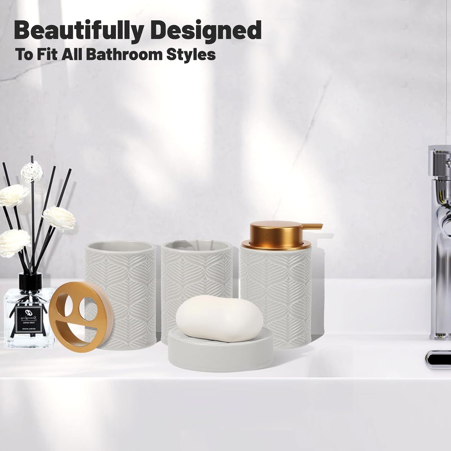 Ceramic Bathroom Accessories Set, 4 Pcs-Includes Lotion Soap Dispenser, Toothbrush Holder, Vanity Tray, and Tumbler, Modern Bathroom Decor Organizer with Soap Dish, Apothecary Jar, Grey Color