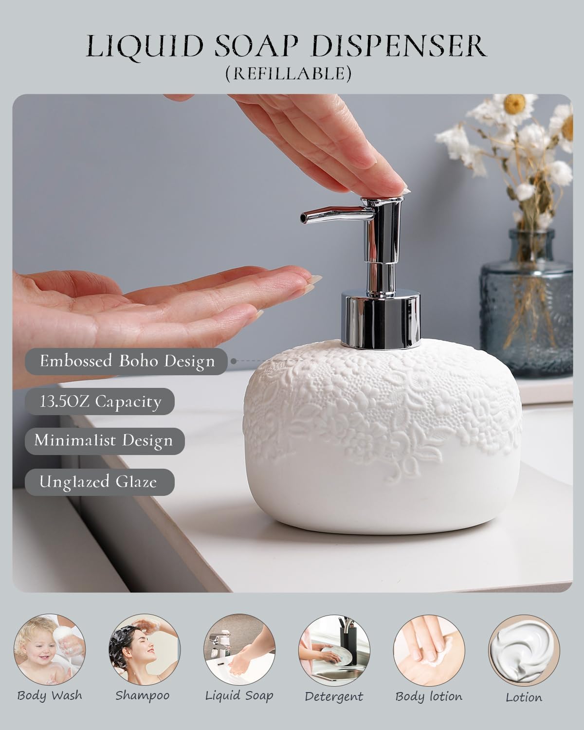 Bathroom Accessories Set with Embossed Design 4PCS, Ceramic White Bathroom Accessory Set Bathroom Toothbrush Holder Set Home Decor, 1 Soap Dispenser 13.5oz, 2 Tumbler Cup, 1 Soap Dish, ANTIS'S HOME