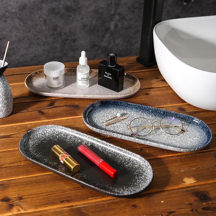 Large Ceramic Bathroom Vanity Tray, 10" Decorative Tray for Countertop, Soap Dispenser Tray for Kitchen Sink, Countertop Organizer for Jewelry, Cosmetics, Candles, Lotion and Perfume (Blue)