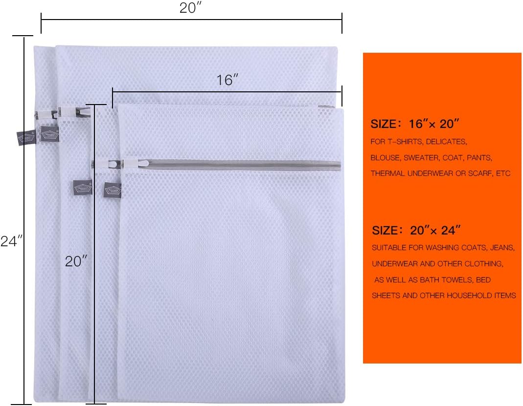 Kimmama Laundry Mesh Wash Bags, Lingerie Bags for Washing Delicates, White Net, Grey Zipper, 2XL & 2L