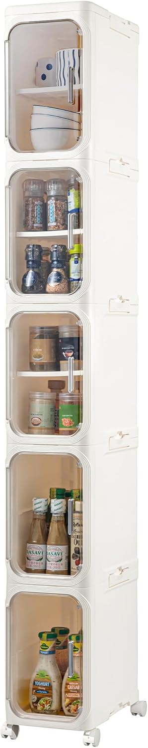 5-Tier Narrow Storage Cabinet Slim Bathroom Storage Cabinet with Movable Wheels Tall Bathroom Organizer Skinny Cabinet for Small Spaces，Beige