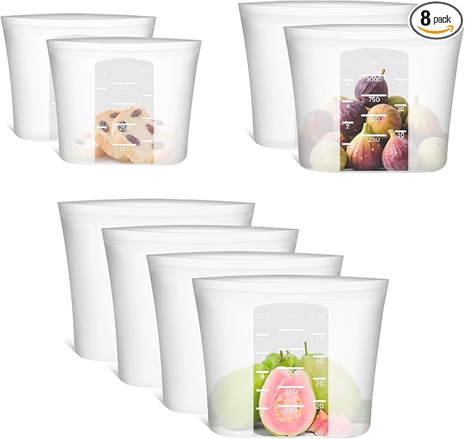 8-Pack Reusable Silicone Food Storage Bags, 100% Silicone Stand-Up Wide-Open Zip-Lock Reusable Storage Bags for Food, Freezer Microwave Oven Dishwasher Safe, Translucent, 4L 2M 2S