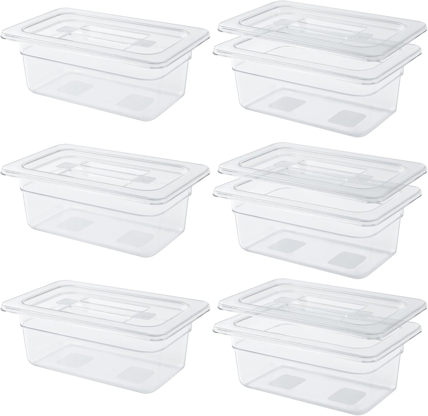 6 Pack 1/4 Size 4'' Deep Clear Food Pans with Lids, Commercial Food Pans Acrylic Transparent Food Storage Containers, Stackable Plastic Pan with Capacity Scale, Restaurant Supplies Hotel Pan