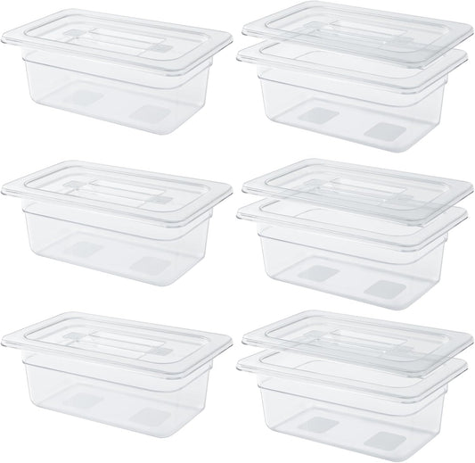 6 Pack 1/4 Size 4'' Deep Clear Food Pans with Lids, Commercial Food Pans Acrylic Transparent Food Storage Containers, Stackable Plastic Pan with Capacity Scale, Restaurant Supplies Hotel Pan