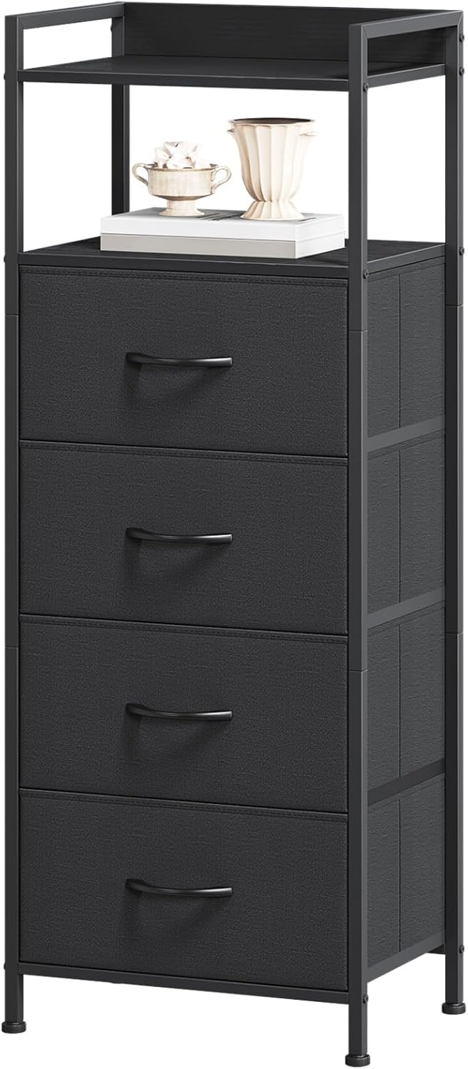 Somdot Night Stand with 4 Drawers, Vertical Storage Tower Fabric Dresser for Bedroom, Nightstand Bedside Table Furniture, Sturdy Steel Frame, Wooden Top & Easy Pull Fabric Bins, Black