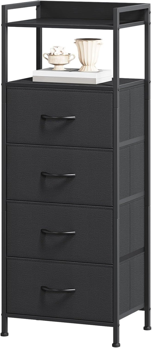 Somdot Night Stand with 4 Drawers, Vertical Storage Tower Fabric Dresser for Bedroom, Nightstand Bedside Table Furniture, Sturdy Steel Frame, Wooden Top & Easy Pull Fabric Bins, Black