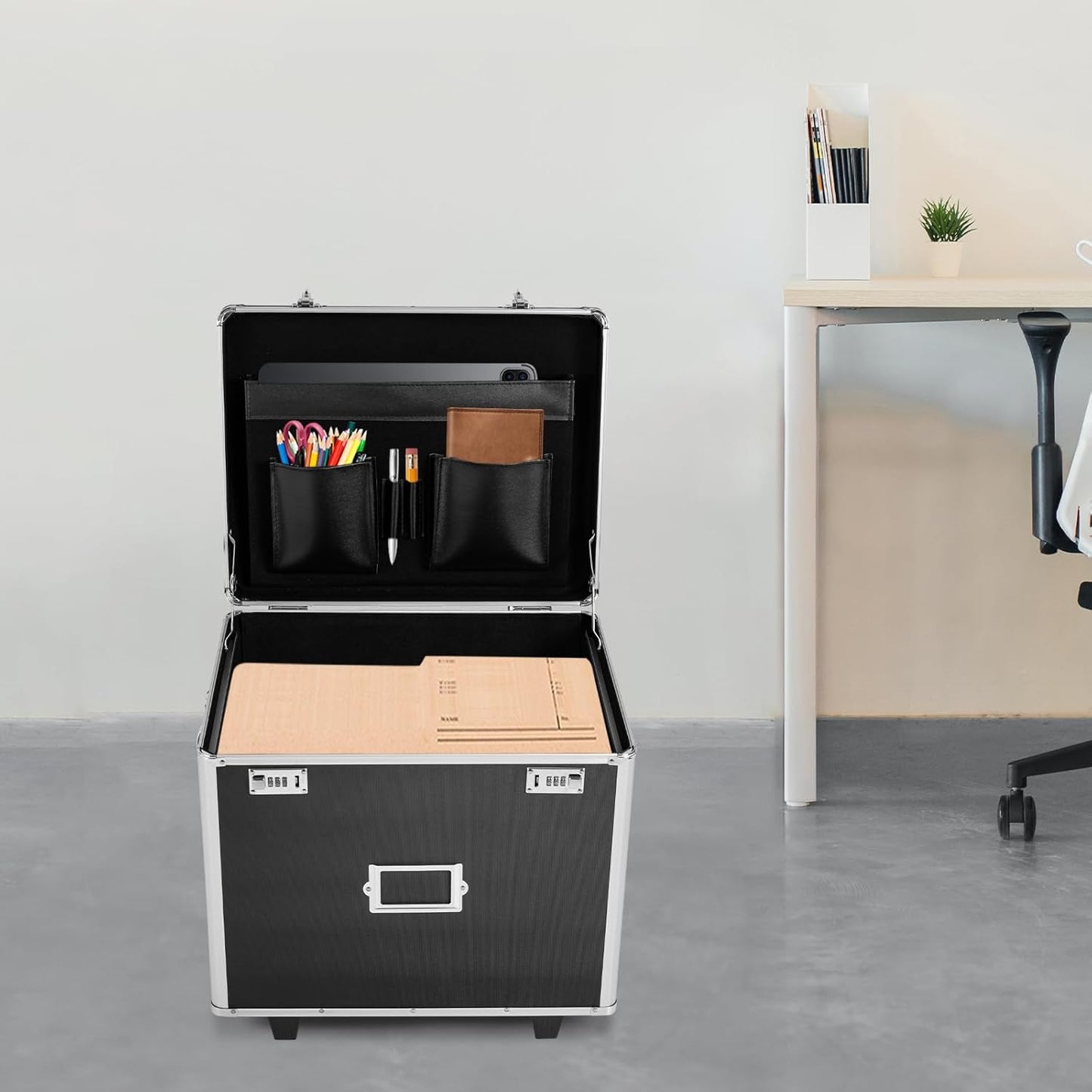 Portable Locking File Storage Box, Aluminum Alloy File Lock Box with Telescopic Handle, Mobile Busniness Case, File Cabinet for Office Home,Offices, Hospitals, Banks, 19.2x 15x 16 inches, Black