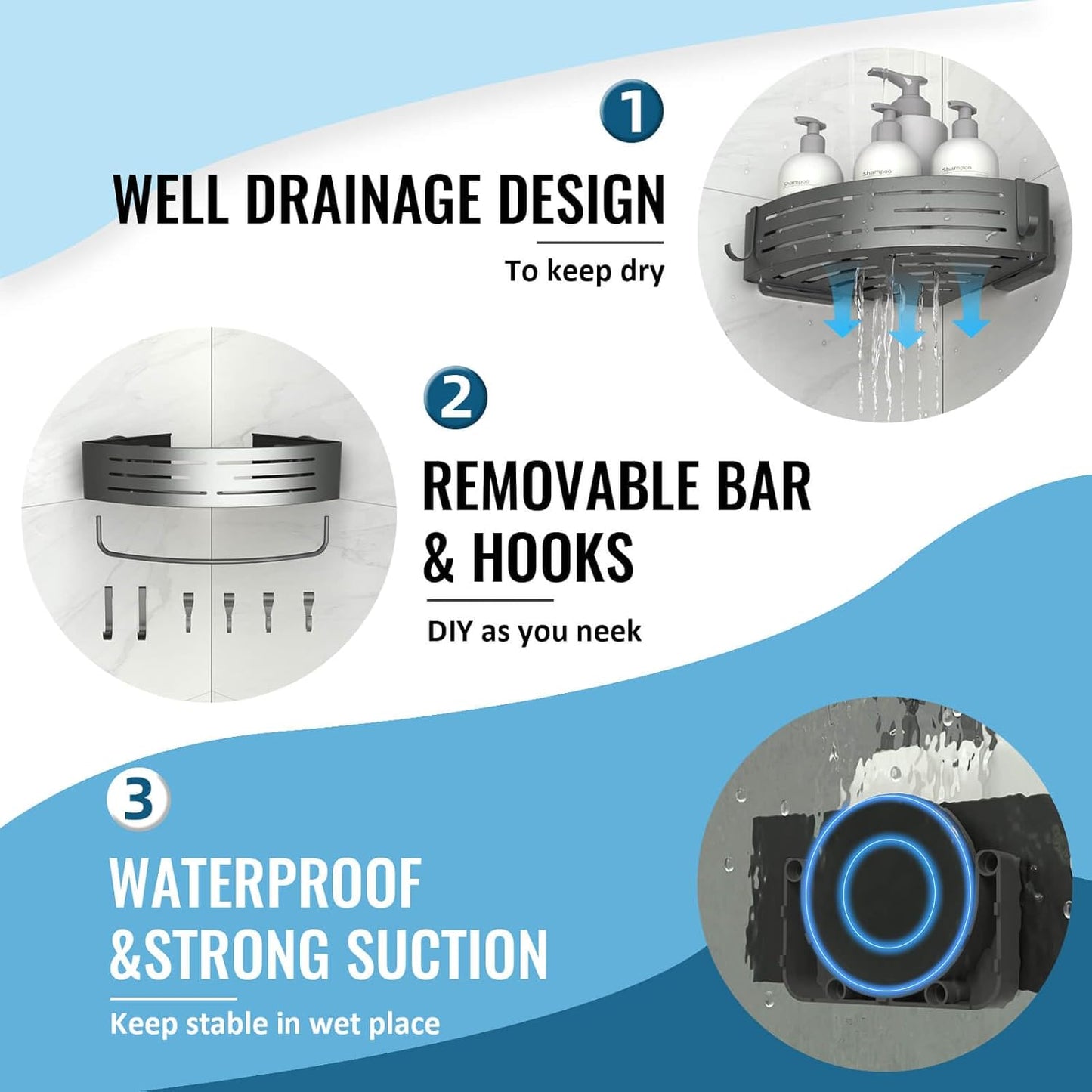 Onemake Corner Shower Caddy with Suction Cups, 2-Pack Removable Aluminum Wall Mounted Organizer Shelves Storage Rack with Towel Bar Portable Hook for Bathroom, Grey