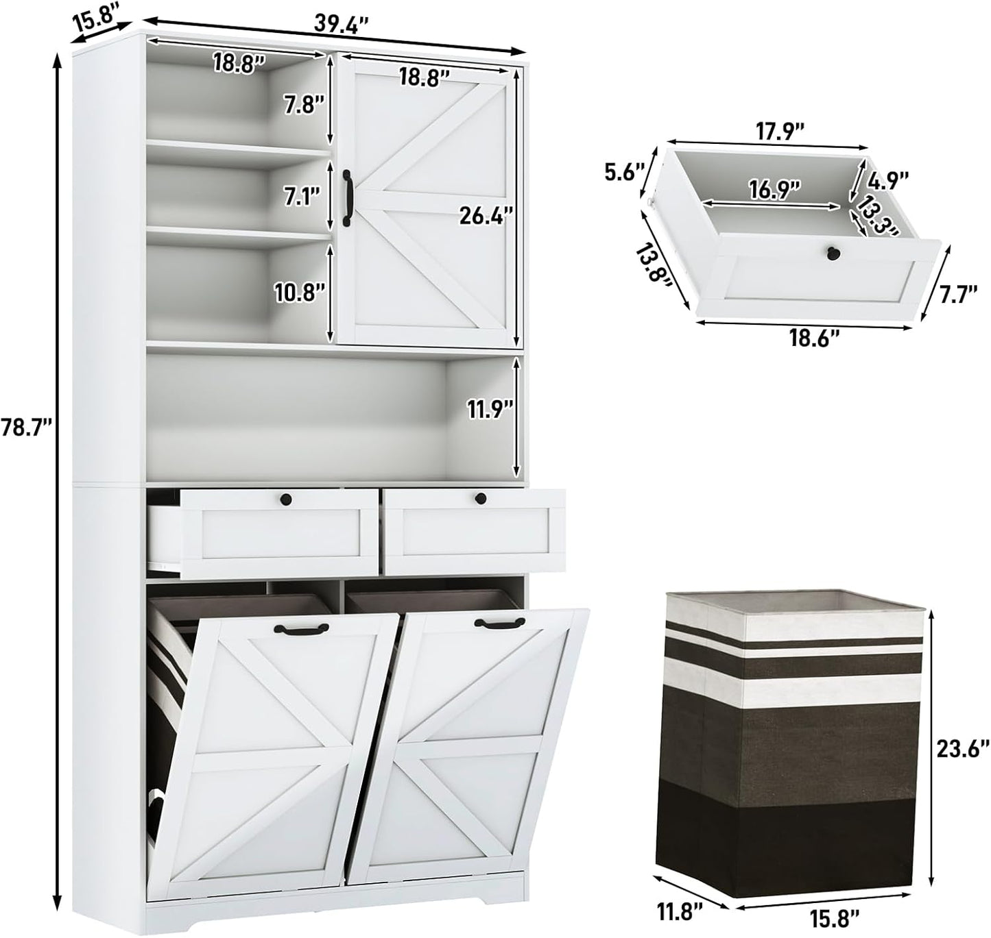 78" Tall Tilt-Out Double Doors Laundry Cabinet Hamper w Hidden Laundry Hamper,Large Pull Out Laundry Room Storage Cabinets,Kitchen Double Tilt Out Trash Cabinet,13X2 Gallon Bathroom Organizers(White)