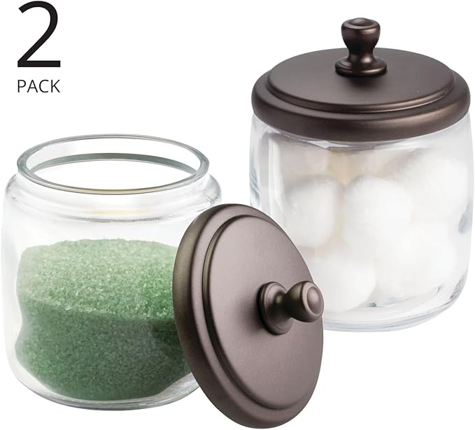 mDesign Small Apothecary Organizer Canister Jars - Glass Containers with Steel Lid for Bathroom, Organization Holder for Vanity, Counter, Hamill Collection - 2 Pack - Clear/Bronze