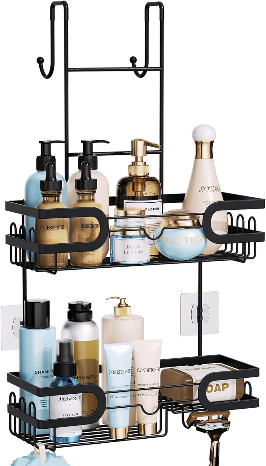 HapiRm Hanging Shower Caddy Over the Door with 14 Hooks and Soap Holder, No Drilling Adhesive Shower Storage, Rustproof & Waterproof Stainless Steel Bathroom Shelves - Black