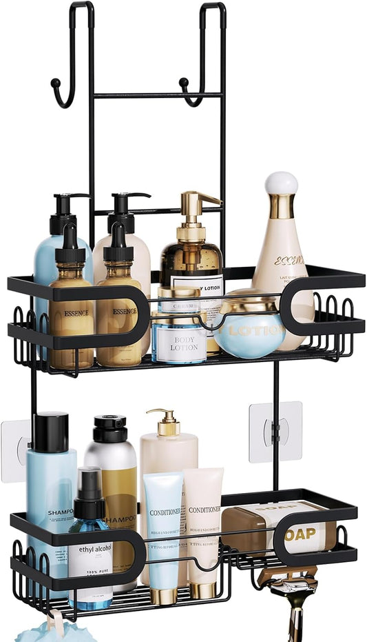 HapiRm Hanging Shower Caddy Over the Door with 14 Hooks and Soap Holder, No Drilling Adhesive Shower Storage, Rustproof & Waterproof Stainless Steel Bathroom Shelves - Black