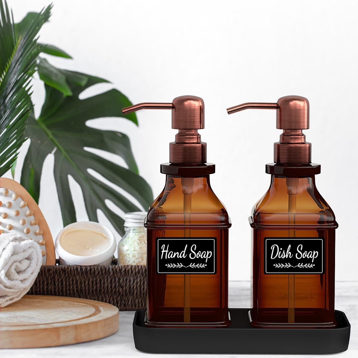 Soap Dispenser - 2 Pack, Antique Design Thick Amber Glass Hand Soap Dispensers with Sturdy Tray; 304 Rust Proof Stainless Steel Black Pump, 12Pcs Stickers, for Kitchen, Bathroom -Brushed Copper