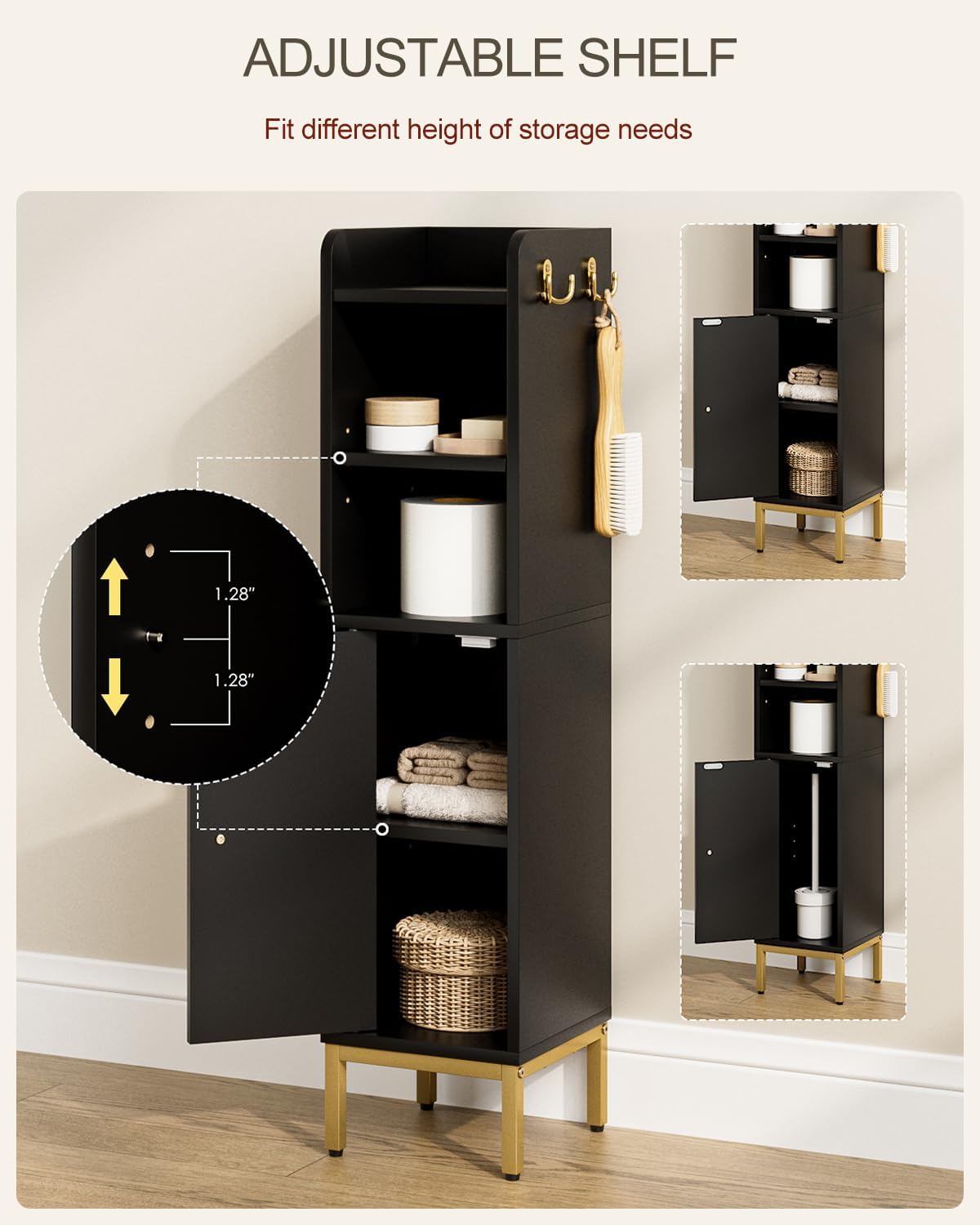 Bathroom Storage Cabinet, Small Corner Floor Hutch with Door and Shelves, Narrow Toilet Paper Cabinet, Bathroom Organizer with Adjustable Shelf, for Small Spaces (Modern-Wave, Black)