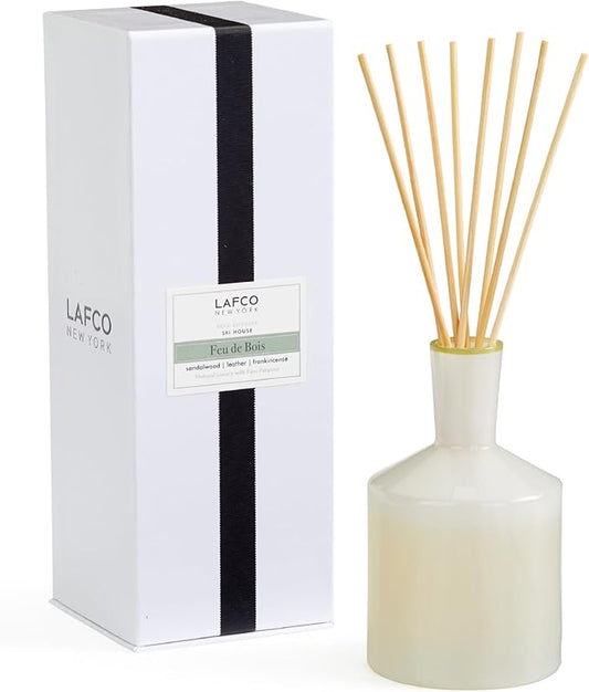 LAFCO New York Classic Reed Diffuser, Feu de Bois - 6 oz - Up to 3 Months Fragrance Life - Reusable Glass Vessel - Natural Wood Reeds - Made in The USA