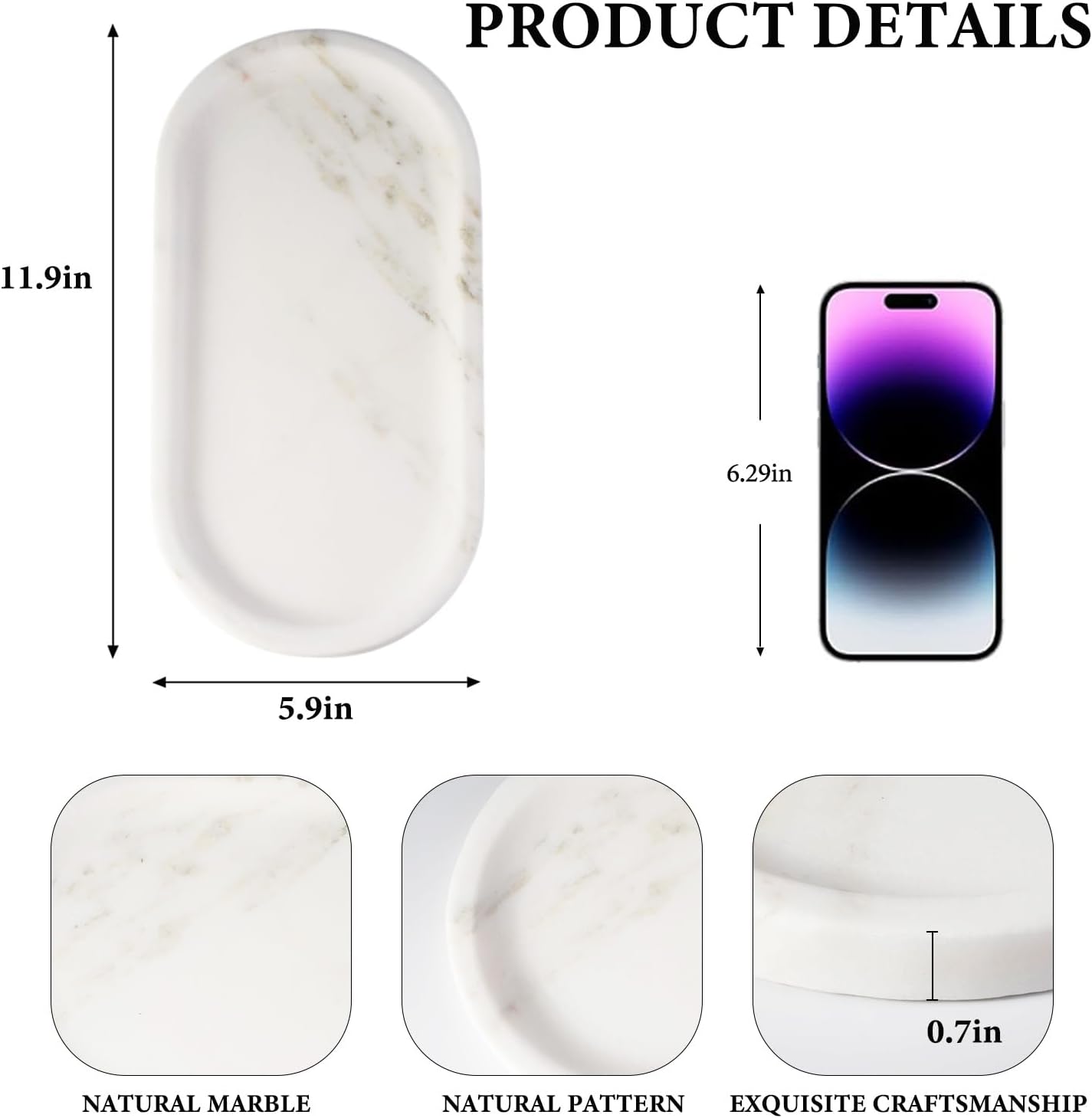 Koville Natural Marble Tray for Bathroom Countertop, Marble Storage Trays for Perfume, Cosmetics, Jewelry, Vanity Tray Stone Trays for Kitchen, Decorative Tray for Dresser Organizer(Calacatta White)