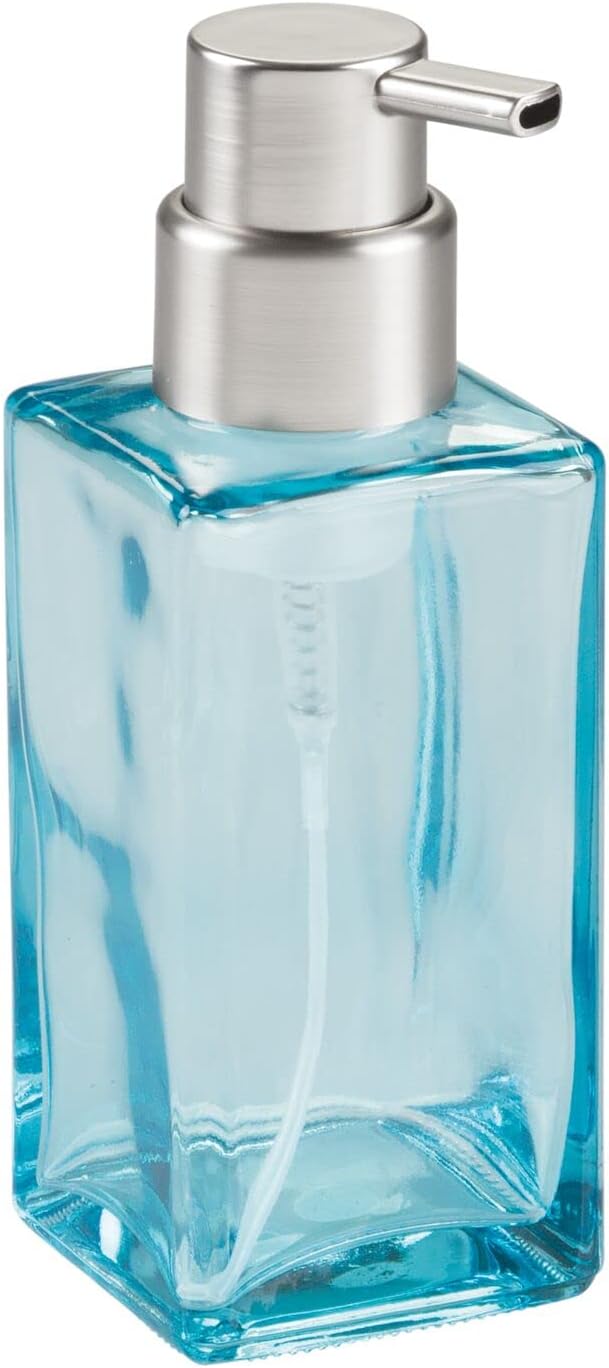 mDesign Glass Refillable Foaming Hand Soap Dispenser Modern Square Pump Bottle for Bathroom Vanity or Kitchen Sink, Countertops - Casi Collection - 2 Pack - Blue/Brushed, Clear/Brushed