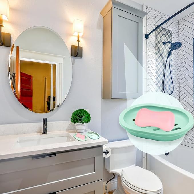 4Pcs Double-Layer Bar Soap Holder for Shower Soap Dish with Drain Soap Saver Box Container Plastic Soap Dish for Bathroom Counter,Kitchen,Toilet (Green)