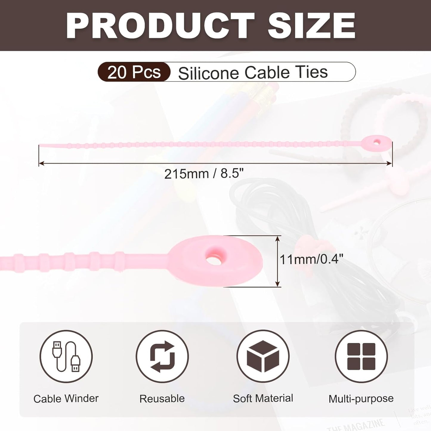 uxcell 20 Pcs Silicone Ties Bag Clip, 8.5 Inch Multi Purpose Silicone Zip Ties Reusable Rubber Zip Tie, Cable Strap Cord Organizer for Home Office Food Bag Wires Cables, Pink