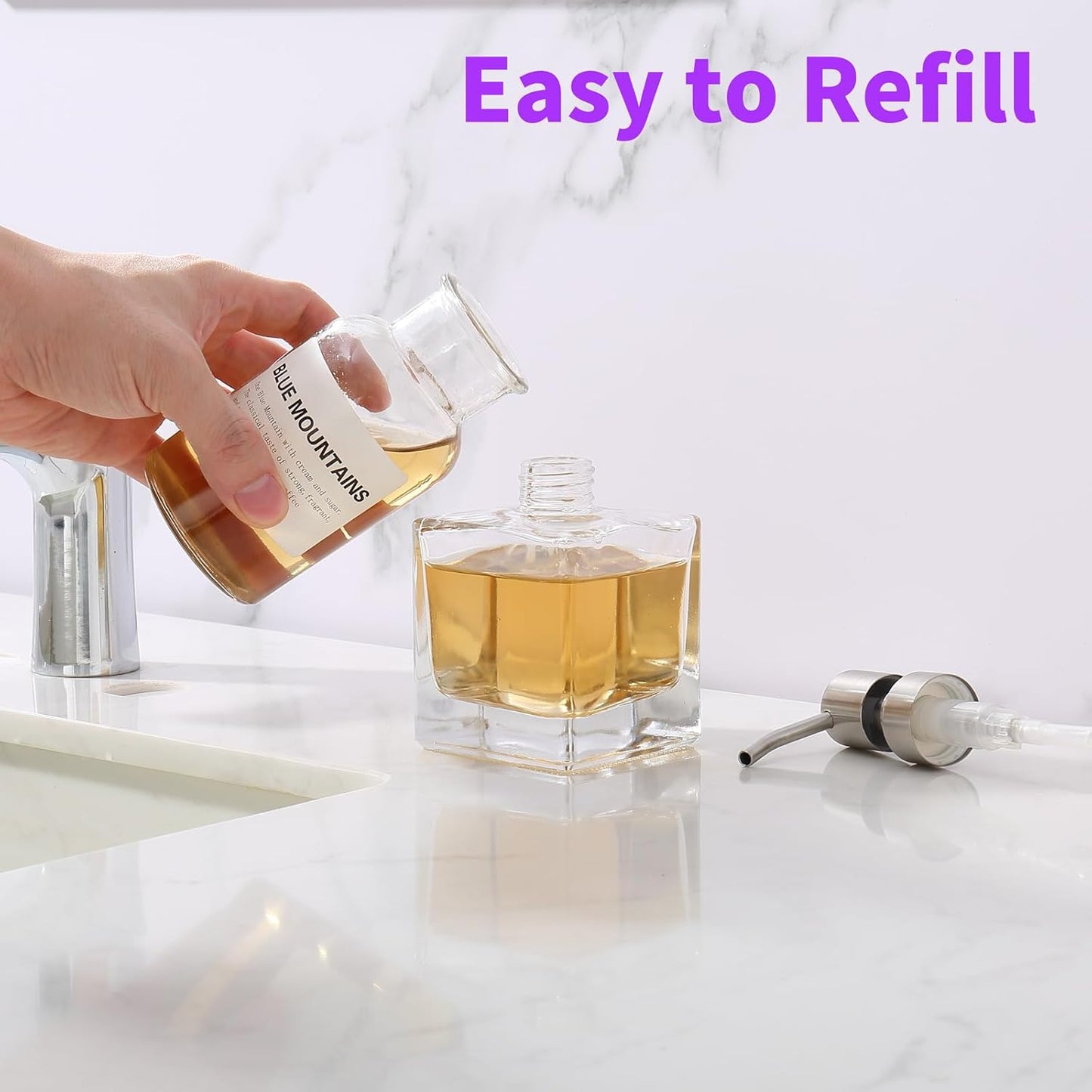 Square Bathroom Soap Dispenser Brushed Nickel, Glass Bottles with Stainless Steel Pump Cube Liquid Soap Dispenser Hand Kitchen