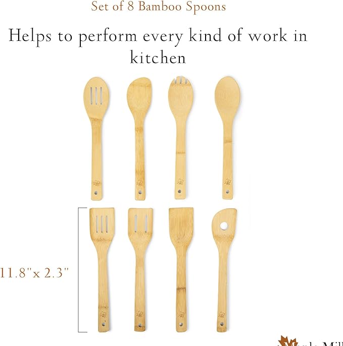 Bamboo Spoons for Cooking - Set of 8 Spoons - Wooden Cooking Spoons - Non-toxic & Organic Bamboo Cooking Utensils with Spoon Set & Spatula - Premium Kitchen Utensils