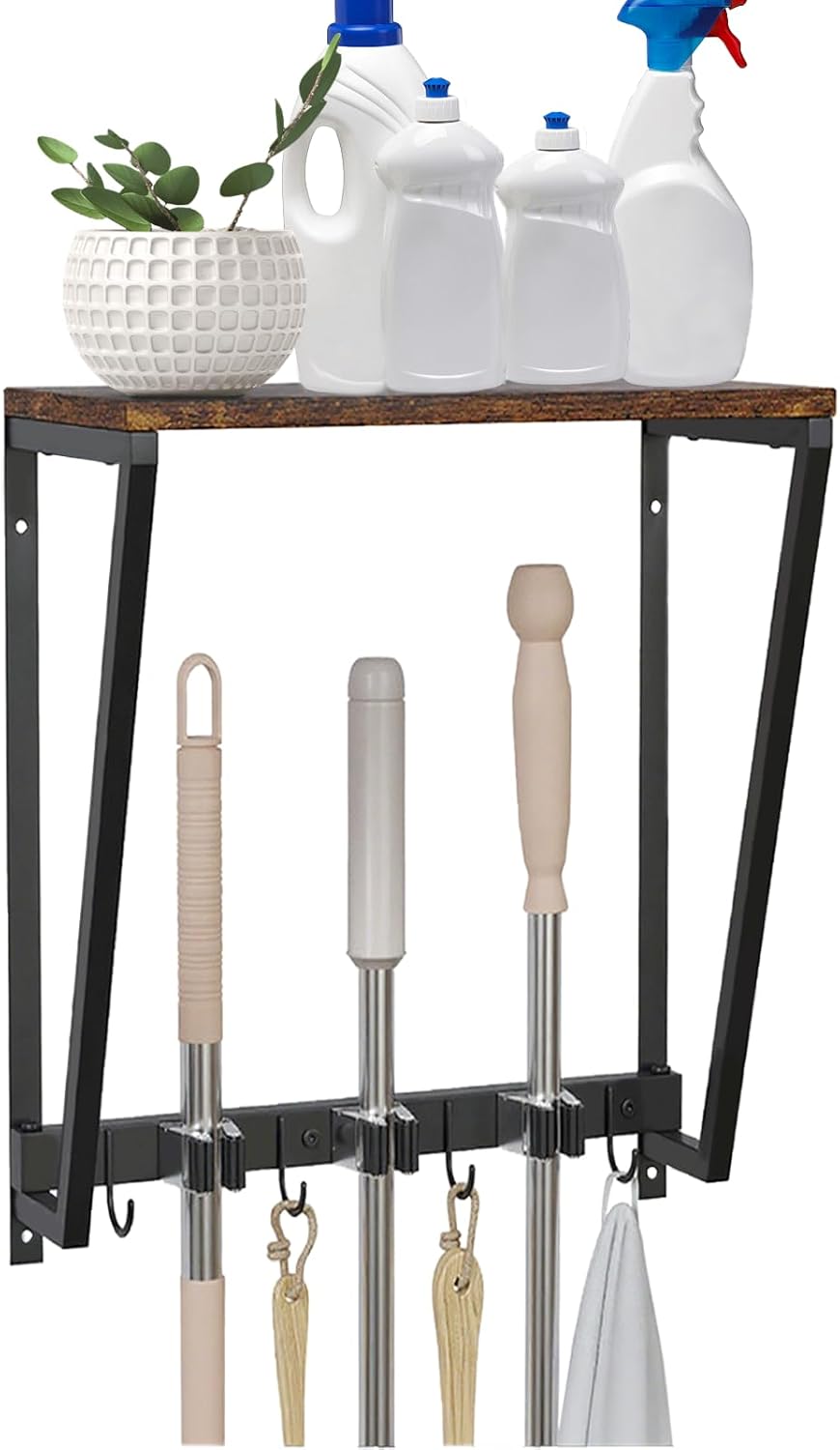 Wall-mounted broom and mop storage rack, equipped with mop, broom hanger and grab hooks for cleaning supplies, suitable for kitchens, laundry rooms, garages, utility rooms, closets, etc.