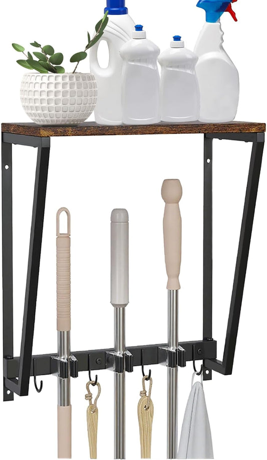 Wall-mounted broom and mop storage rack, equipped with mop, broom hanger and grab hooks for cleaning supplies, suitable for kitchens, laundry rooms, garages, utility rooms, closets, etc.