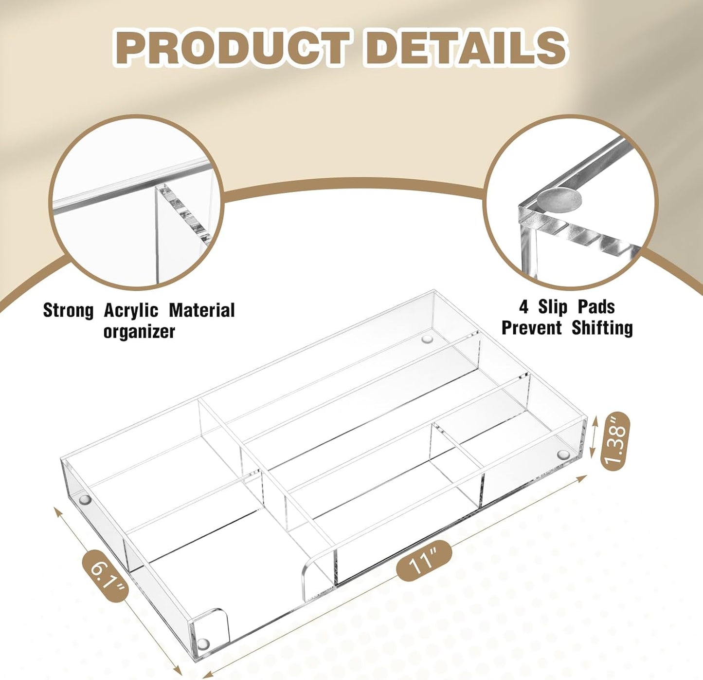 Acrylic Clear Desk Drawer Organizer 6 Section 11 x 6.1 x 1.38 Inch Storage Tray Organizer for Pens, Stationery, Desktop, Office, Bathroom, Kitchen, Makeup Supplies