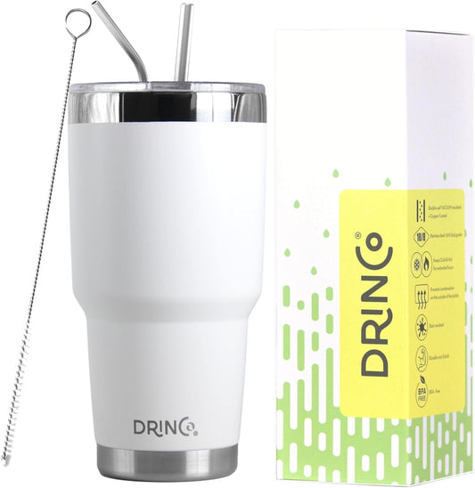 Drinco - 30 oz Stainless Steel Tumbler | Double Walled Vacuum Insulated Mug With Lid, 2 Straws, For Hot & Cold Drinks (30oz Artic White, 30oz)