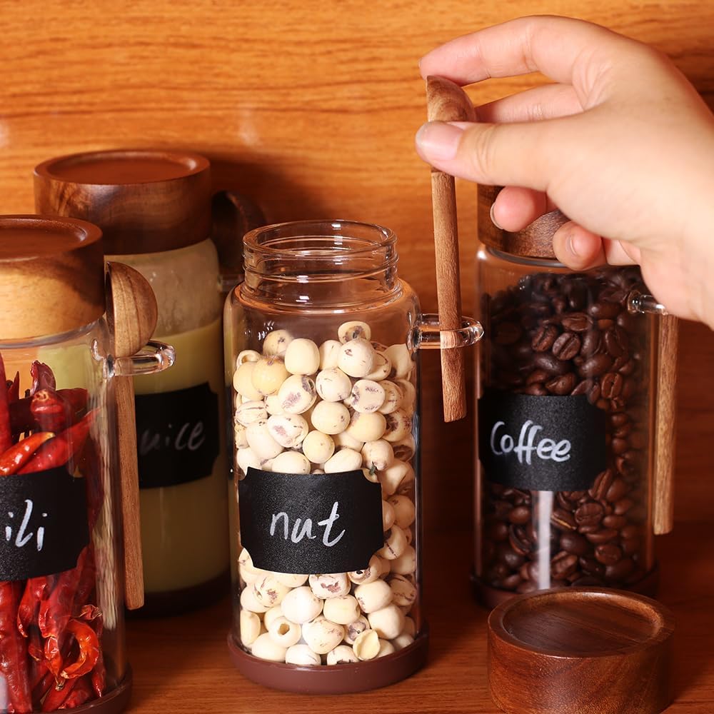SAIOOL High Bprosilicate Glass 4 Pack Spice Jars with Label and Spoons,Overnight Oats Containers with Acacia Airtight Lids,Glass Food Storage Jars, Coffee Bar (Acacia 11.5 OZ*4)