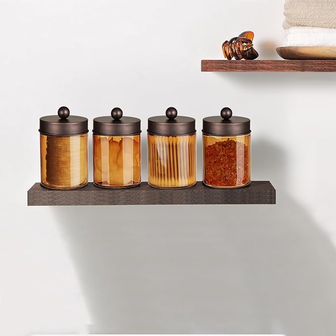 Amolliar Bronze Glass Apothecary Jar With Metal Lid & Stickers, Bathroom Qtip Holder Dispenser Storage Canister, Perfect for Cotton Balls, Cotton Swabs, Makeup Pads, Bath Salt, Floss, 2 Pack (Bronze)