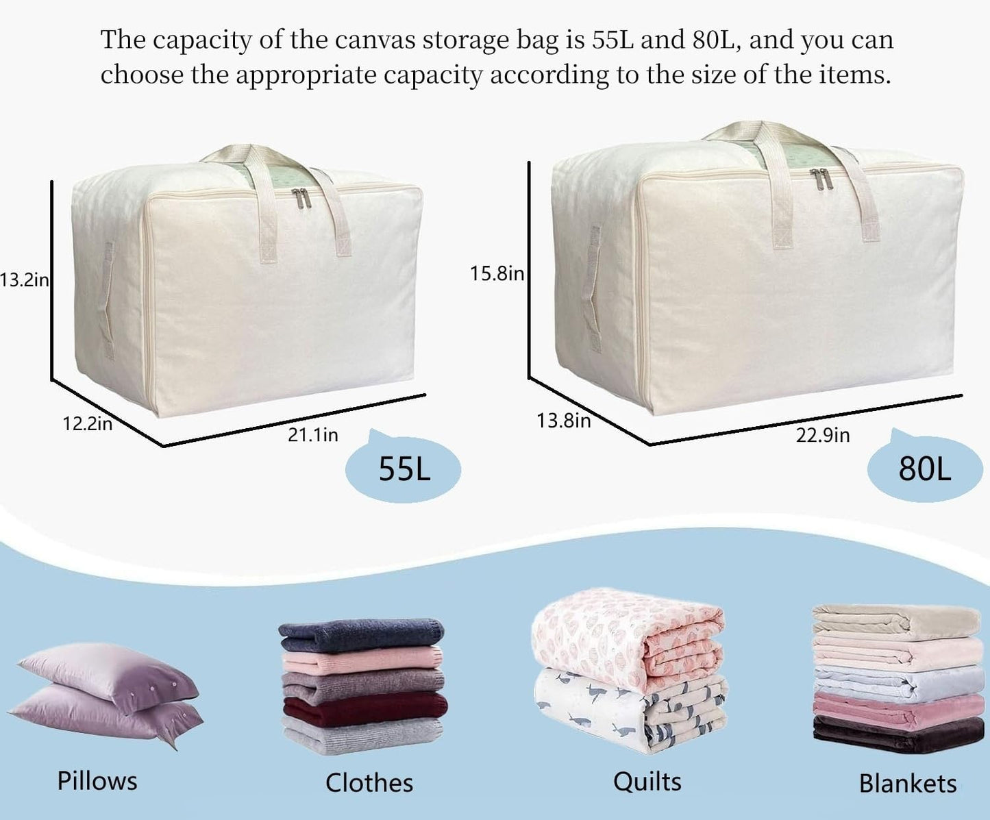 Soft Large Canvas Comforter Storage Bags with Four Carrying Handles and Clear Window, Closet Organizer for Clothing, Blankets Sheets Pillows and Bedding, 80L, 4 Pack, White