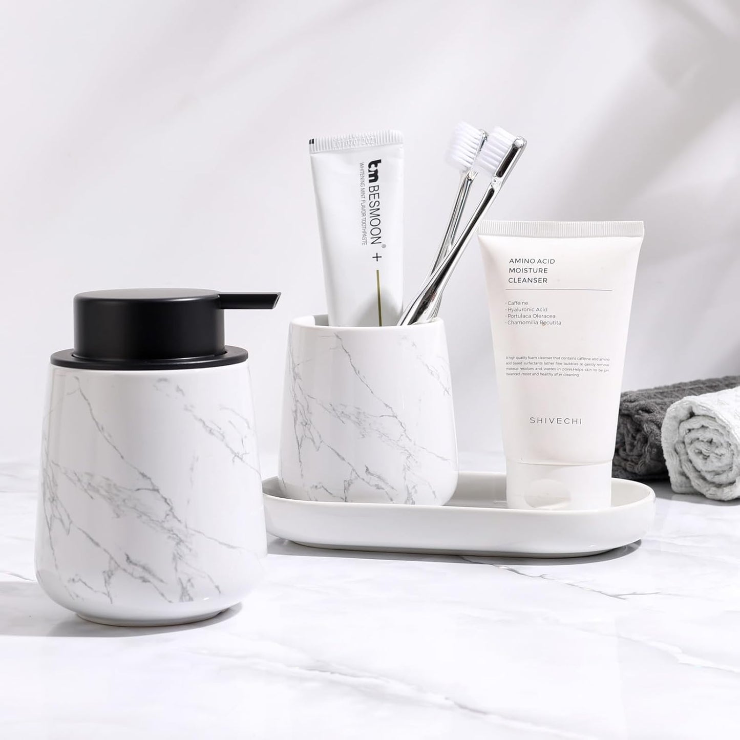 BosilunLife Bathroom Accessories Set 3 pcs - Bathroom Ceramic Foaming Soap Dispenser Set Farmhouse Marble Bathroom Decor, Foam Soap Dispenser and Toothbrush Holder/Tumbler Cup, Tray