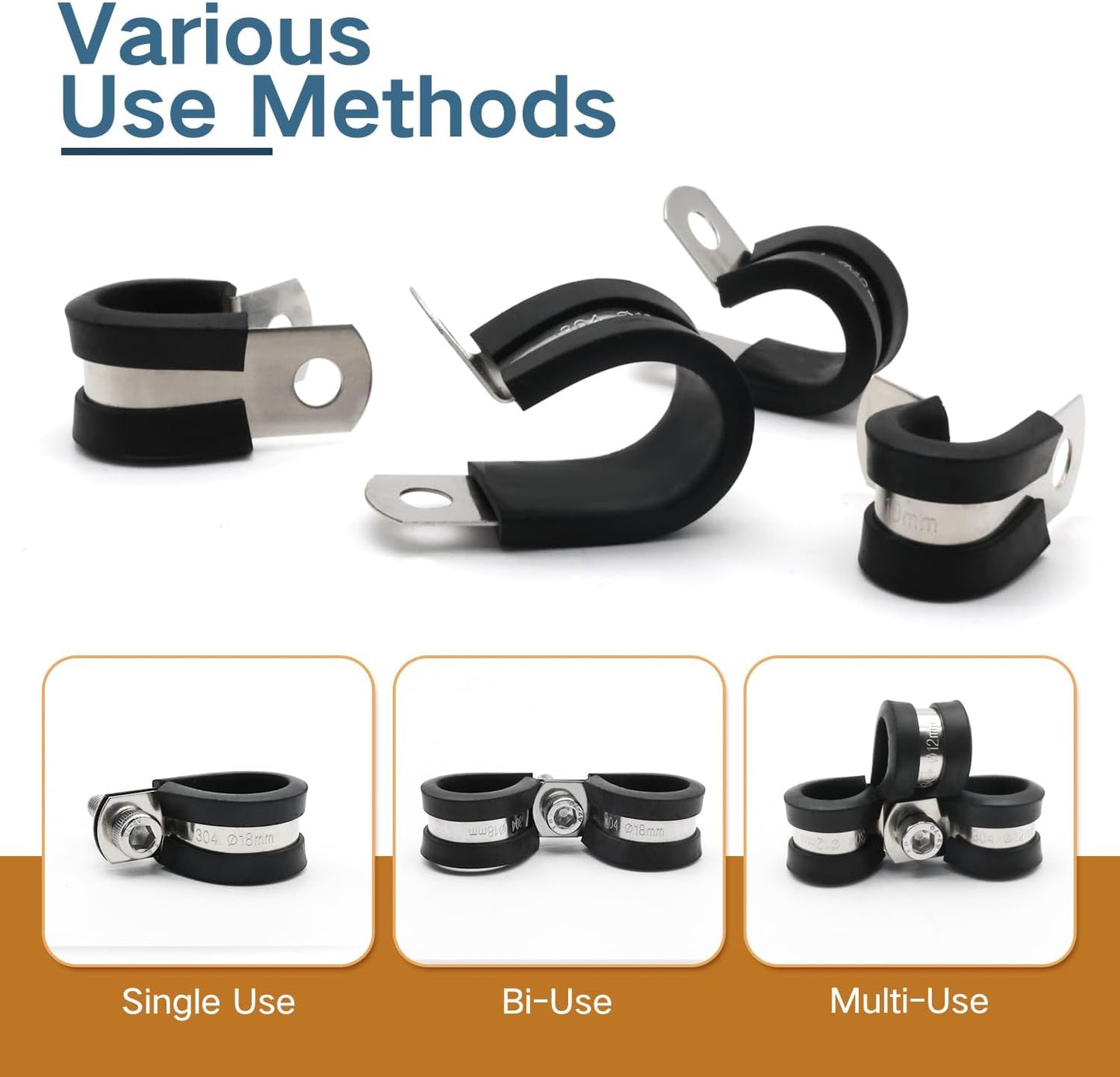 1-3/4 Inch Cable Clamp, 10 Pack Rubber Wiring Clamp, Stainless Steel Pipe Clips for Tube Holder, Wire Cord Tubing Bracket Installation (44mm)