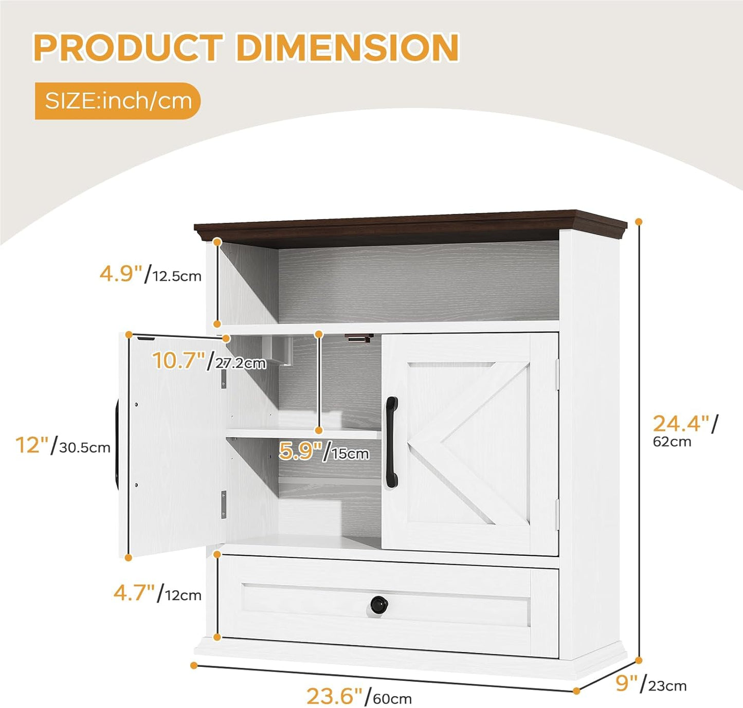 Bathroom Wall Cabinet, Wall Mounted Medicine Cabinet with Drawer, Barn Doors & Adjustable Shelf, 24.4"H x 23.6"W x 9"D White Over Toilet Farmhouse Storage Cabinet for Kitchen, Laundry Room, Entryway