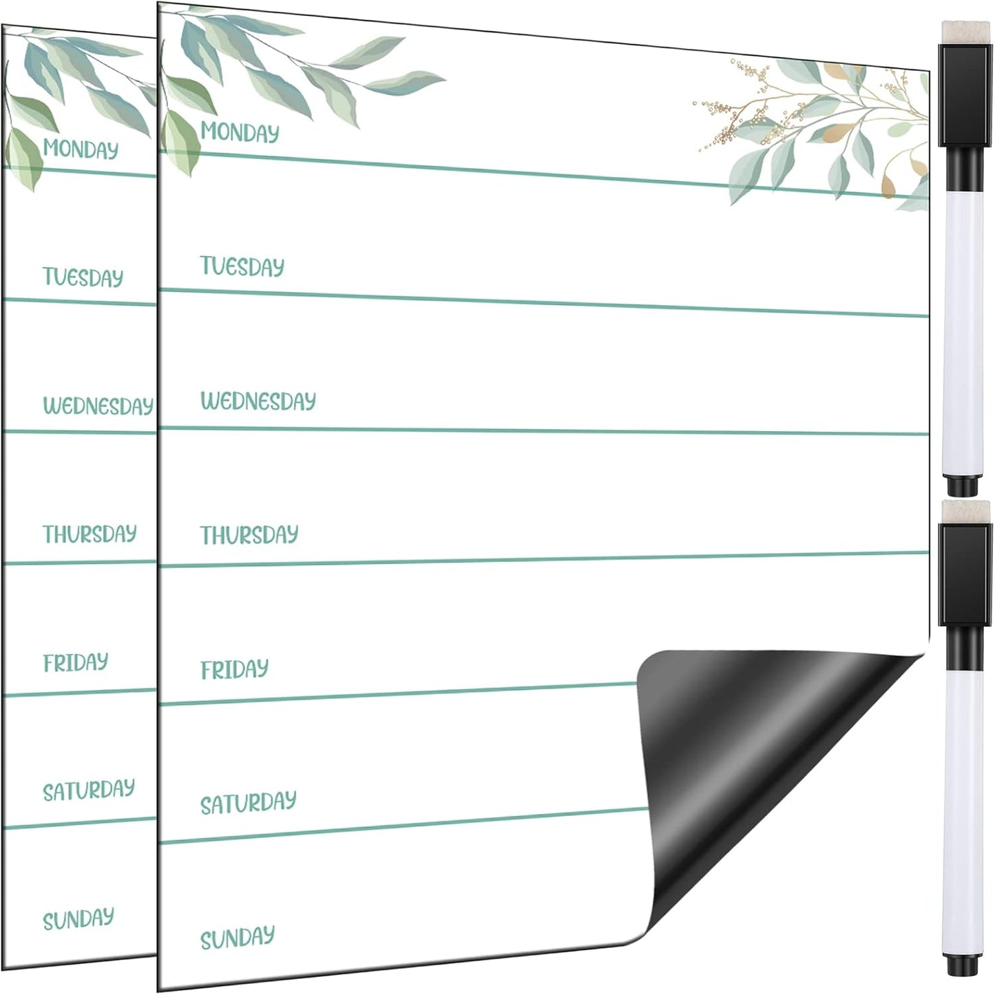 Outus 2 Pieces Magnetic Weekly Dry Erase Boards Erasable Weekly Calendars Whiteboard Planners with 2 Pieces Markers for Office, Home, School Supplies (Leaf Style)
