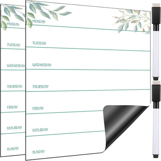 Outus 2 Pieces Magnetic Weekly Dry Erase Boards Erasable Weekly Calendars Whiteboard Planners with 2 Pieces Markers for Office, Home, School Supplies (Leaf Style)