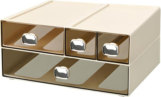 Spacious Desktop Storage Box, 1 Large 1 Middle & 2 Small Storage Drawers, Stackable Office Desk Drawer Organizer and Accessories, Printer Paper Organizer, Cream Plastic Drawers for Workspace