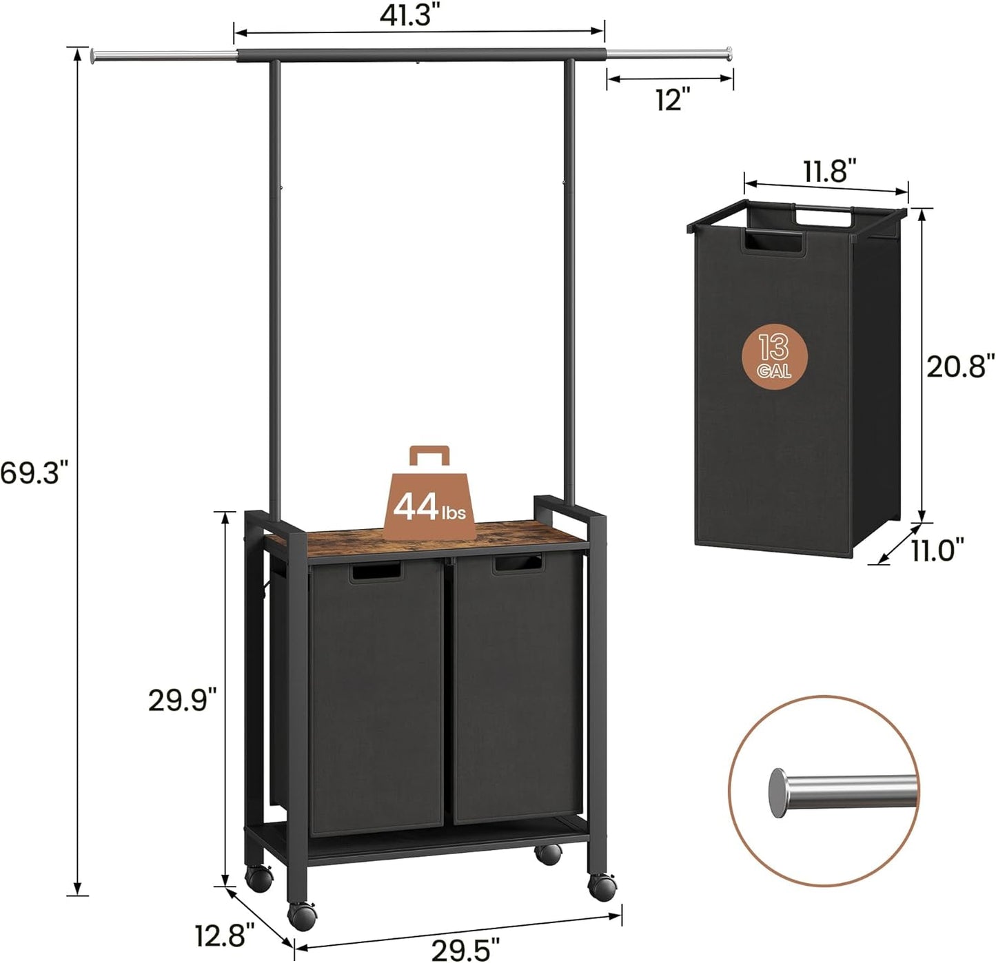 2 Laundry Hamper Sorter with Wheel/Lockable, Laundry Room Organization With Shelf, 42" Hanging Rack+12" Extendable Rod, Laundry Basket for Balcony, Cloakroom