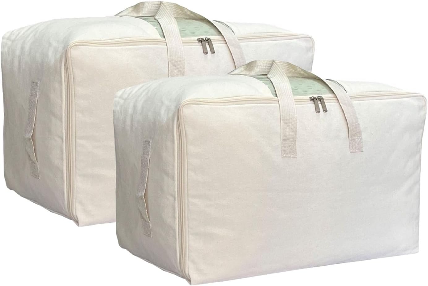Soft Large Canvas Comforter Storage Bags with Four Carrying Handles and Clear Window, Closet Organizer for Clothing, Blankets Sheets Pillows and Bedding, 80L, 2 Pack, Beige