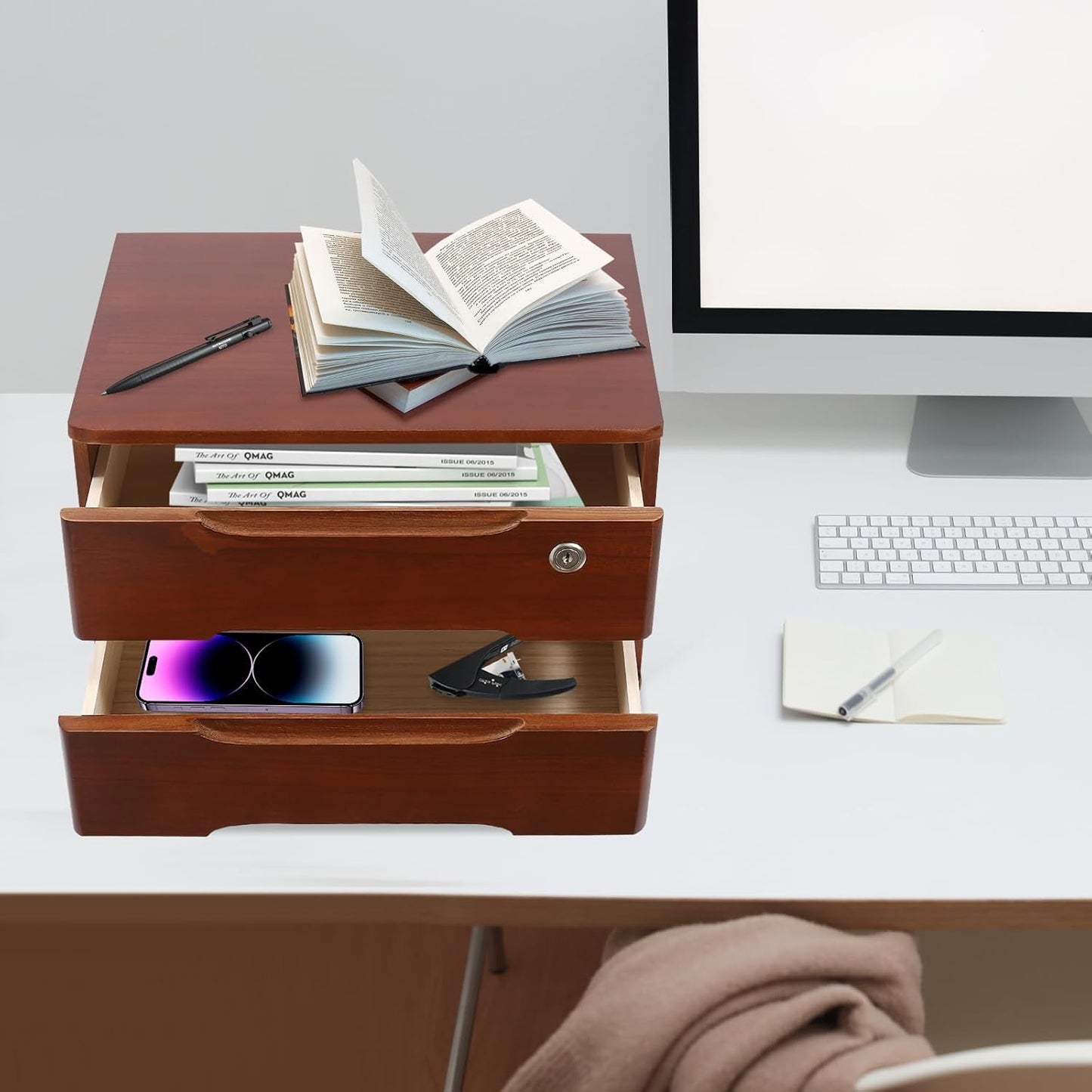 2-Tier Wooden Desktop Storage Box Desk Organizer with 2 Drawers and Lock Countertop Drawers Organizer for Office Supplies File Paper Cosmetic Jewelry, 15.4x11.8x8.5 in (Dark Brown)