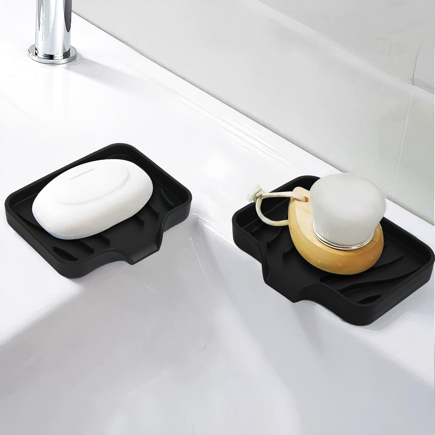 2 Pack Silicone Soap Dish with Drain, Bar Soap Holder for Shower,Bathroom and Kitchen Sink Organizer,Self Draining Waterfall Soap Tray (Black)