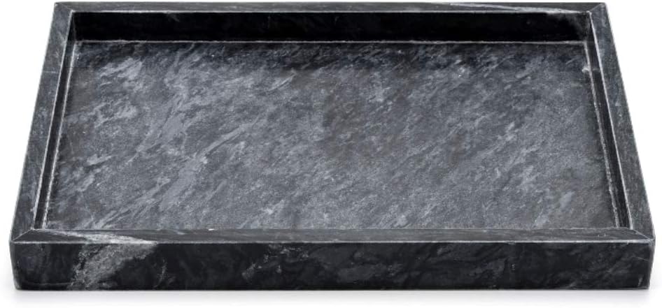 Black Marble Tray, Stone Bathroom Tray, Decorative Holder for Tissrue, Candle, Soap, Towel, Plant (Black - 10 x 6)