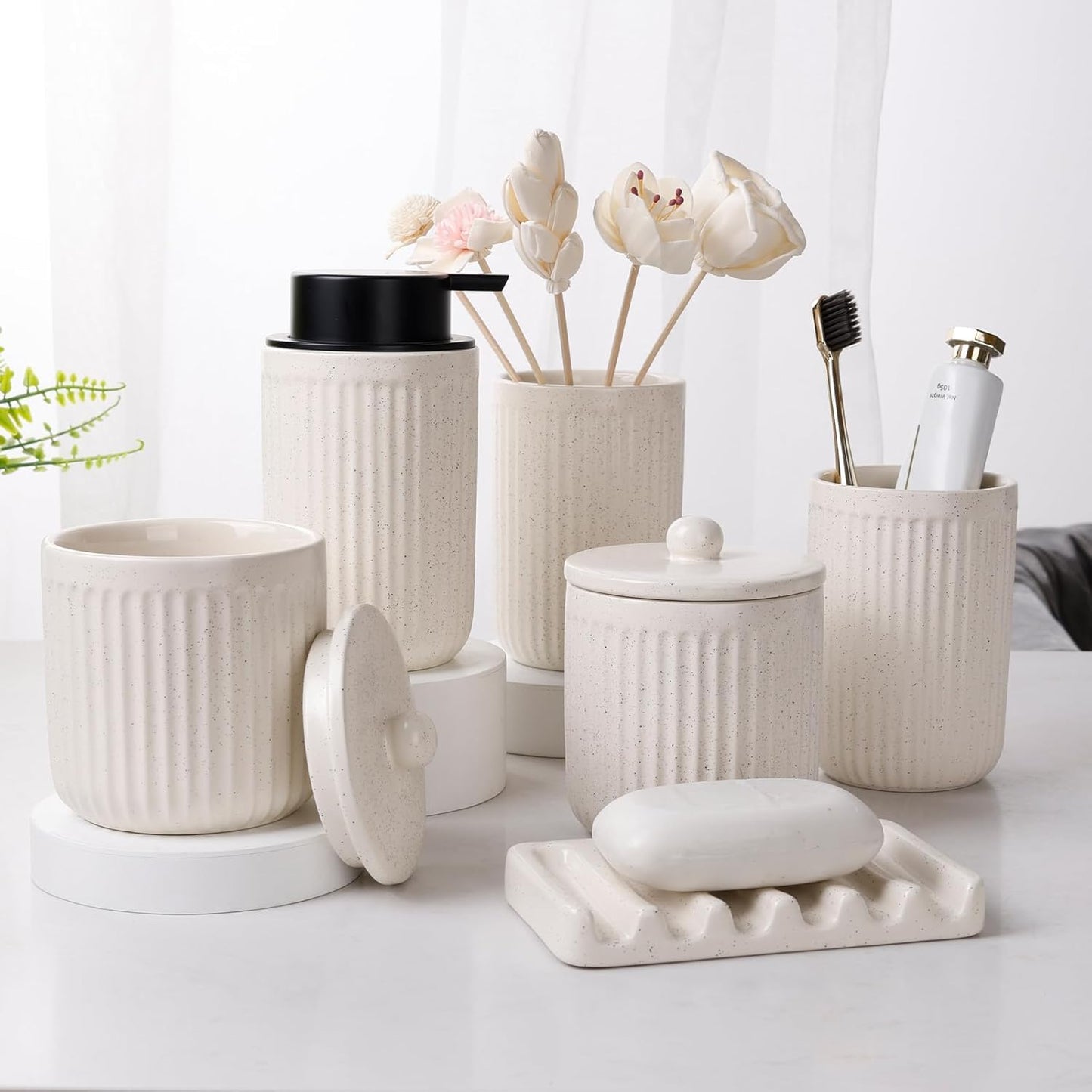 BosilunLife Beige Bathroom Accessories Set - Ceramic Bathroom Counter Soap Set Bathroom Decor Sets Accessories Bathroom Lotion Soap Dispenser and Toothbrush Holder Set, Soap Dish, Apothecary Jars