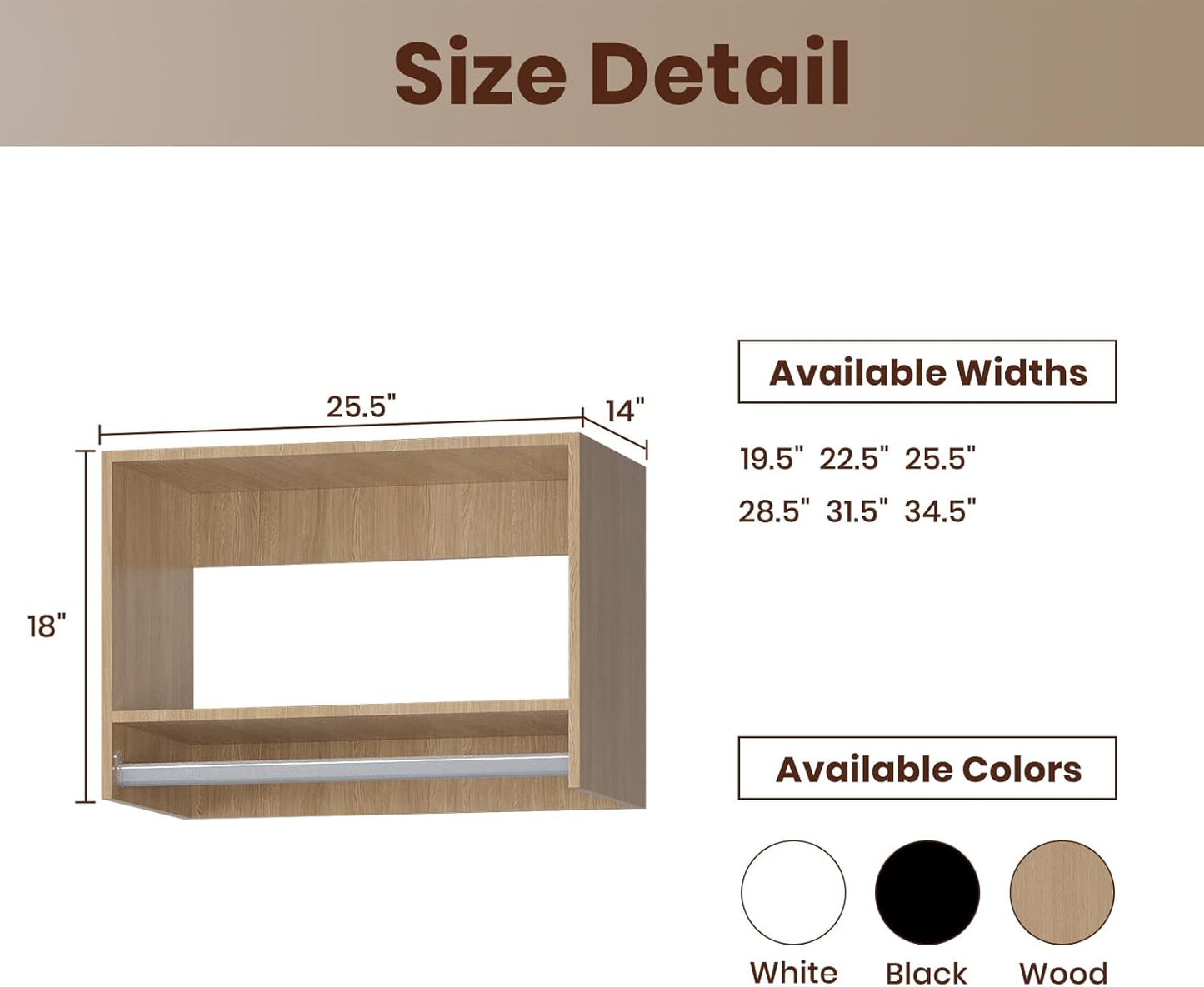 ROOMTEC 25.5" Tall Hanging Closet Unit, Modular Closet System with Hanging Rod, Wardrobe Organizer for Bedroom or Walk-in Closet, Wall Mounted, Customizable Clothes Storage Unit, Wood