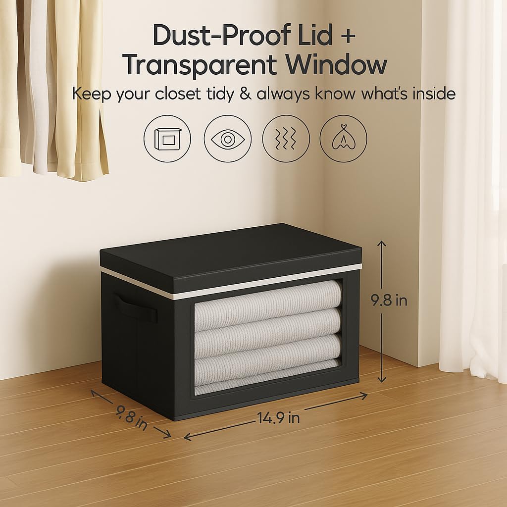 Collapsible Storage Bins with Lids - Stackable Storage Containers with Window, 6 Pack Fabric Organizing Bins for Closet, Home & Office Organization Baskets, Black, 14.9" x 9.8" x 9.8"