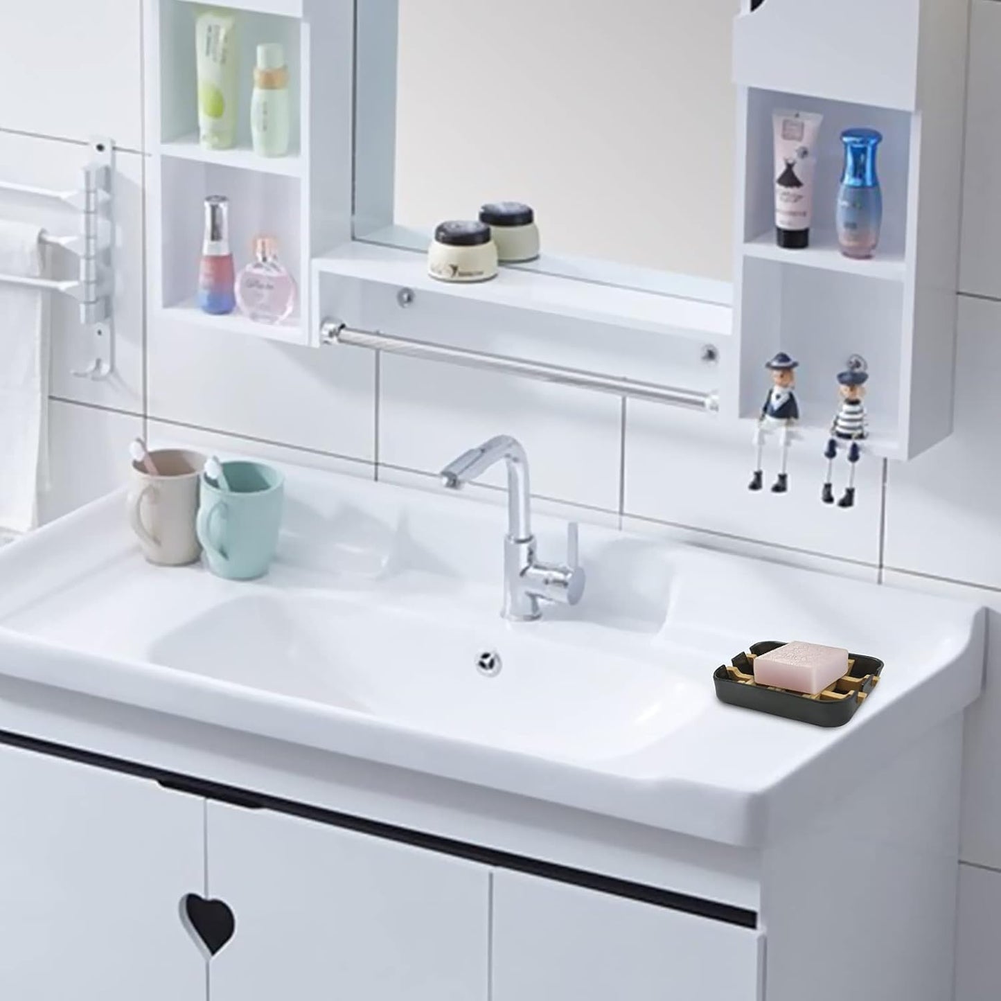 2 Pack Bamboo Soap Dish, Self-Draining Hand Soap Box, Wooden Bamboo Bar Soap Holder for Shower, Bathroom, Kitchen, Bathtub, Bar Sink (Black)