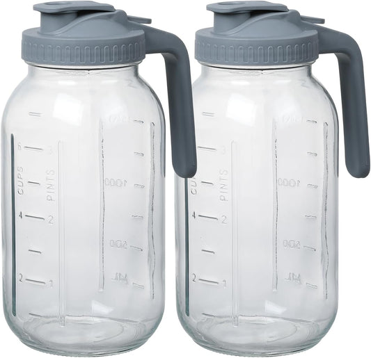 Novelinks 64OZ Glass Pitcher with Lid, Wide Mouth Mason Jar Pitcher, Leak-proof Water Jug for Juice, Milk,iced Coffee Lemonade Tea,2 Pack